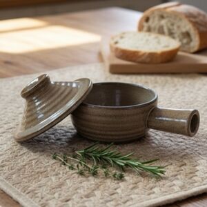 Vintage Ceramic Earth Tones Soup Bowls w/ Handle Lid Glazed Pottery Gravy Boats